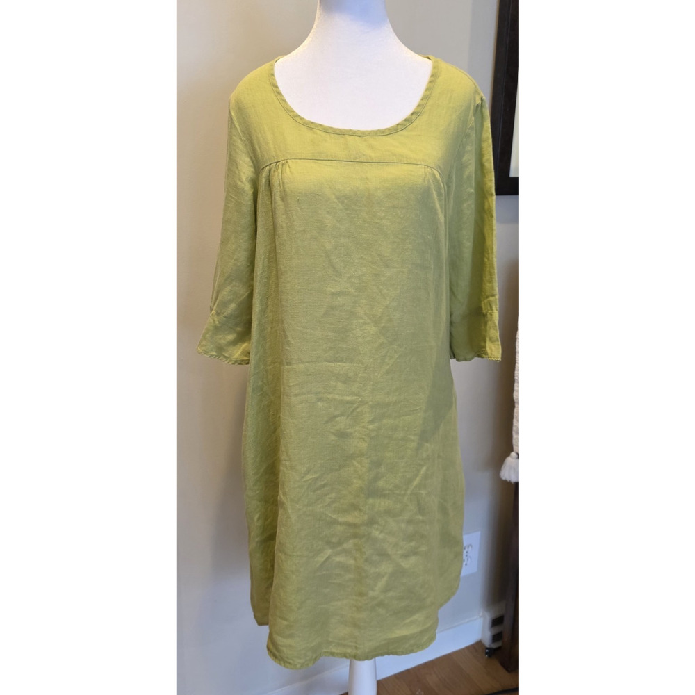 FLAX Linen Dress S Green Lagenlook Garden Party Pockets Boho Chic Midi Relaxed